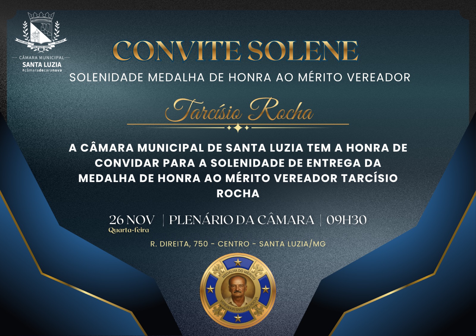 CONVITE SOLENE - Solenidade Medalha de Honra Ao Mérito Vereador Tarcísio Rocha